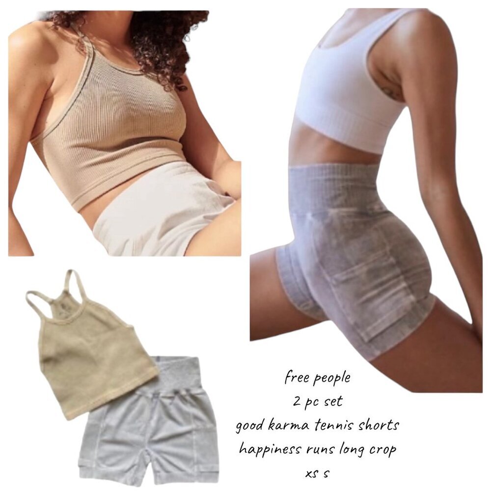 FREE PEOPLE GOOD KARMA TENNIS SHORTS HAPPINESS RUNS CROP TOP SET GREY TAN